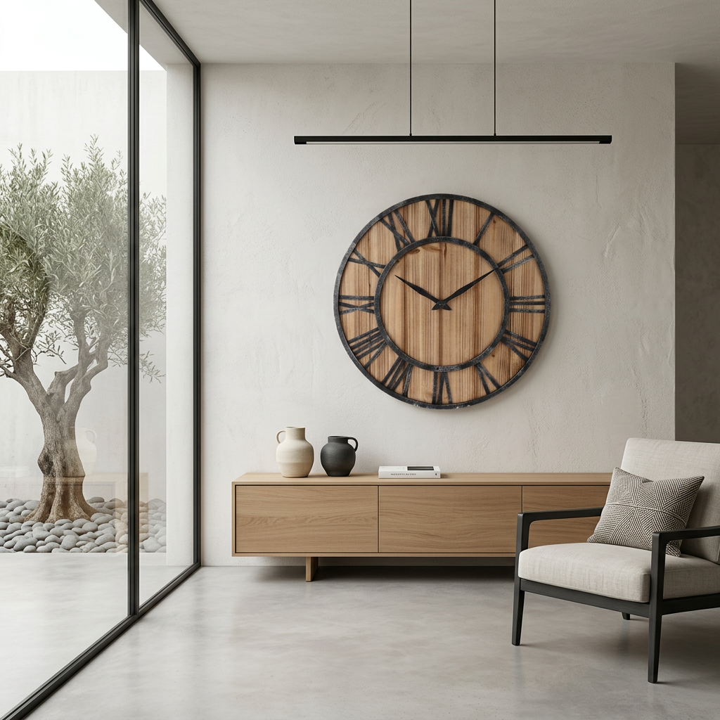 Large Modern Wall Clock | Wood and Metal Industrial Decor