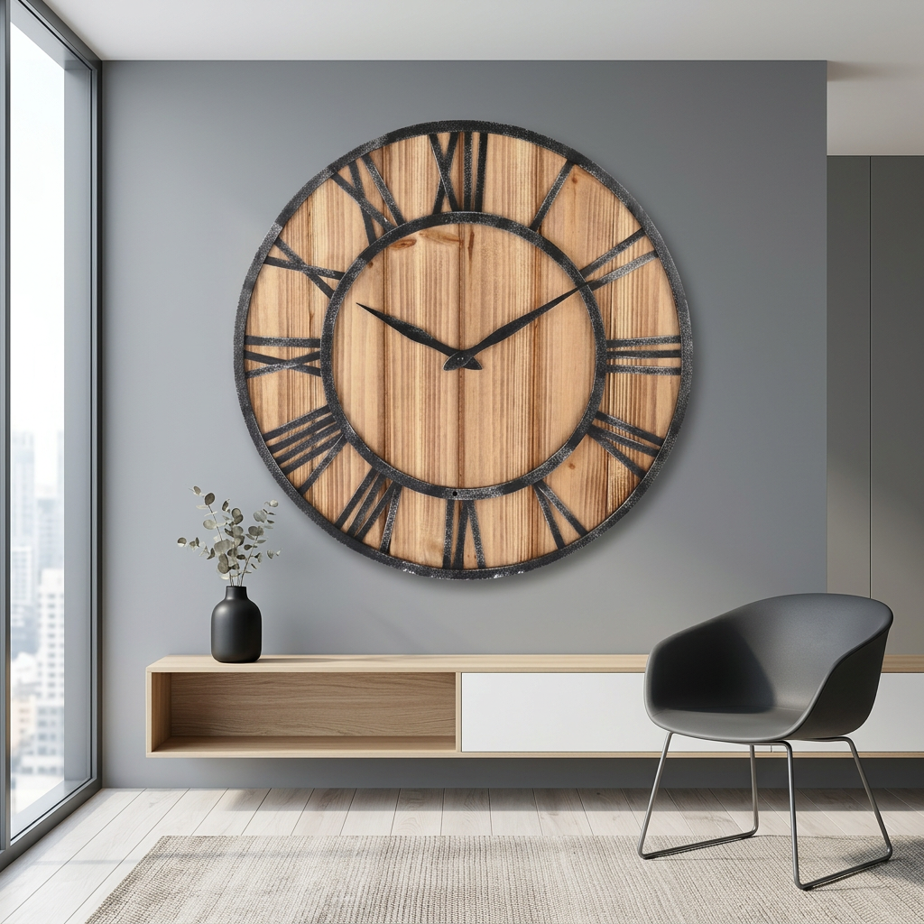 Large Modern Wall Clock | Wood and Metal Industrial Decor