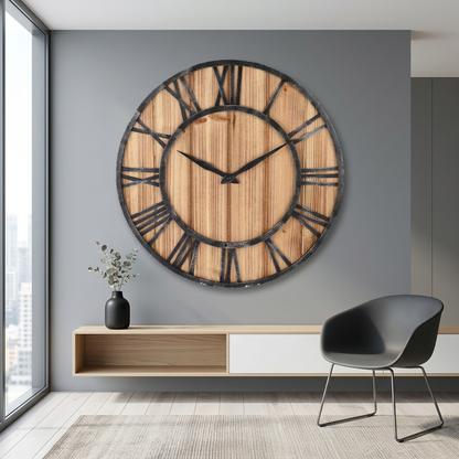 Large Modern Wall Clock | Wood and Metal Industrial Decor