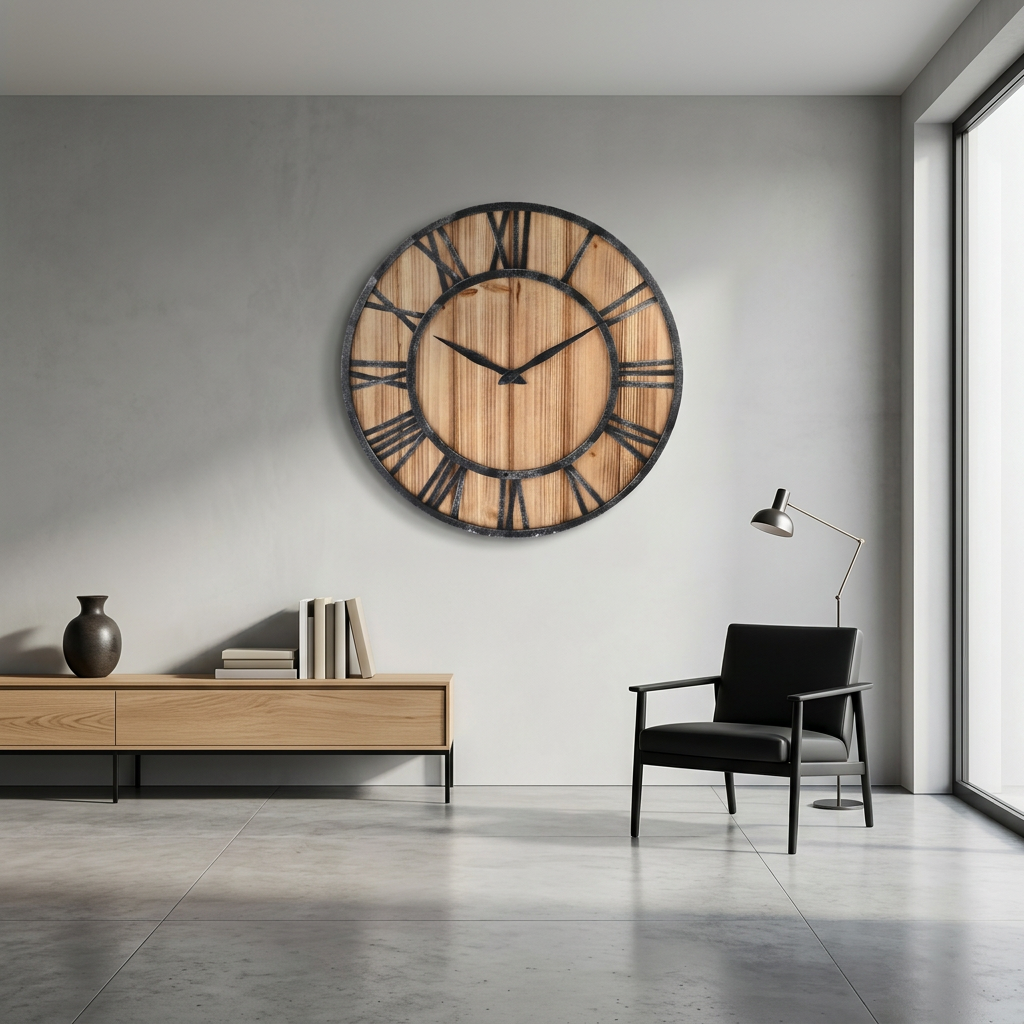Large Modern Wall Clock | Wood and Metal Industrial Decor
