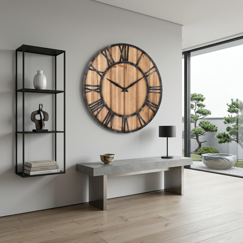Large Modern Wall Clock | Wood and Metal Industrial Decor