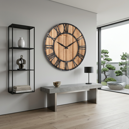 Large Modern Wall Clock | Wood and Metal Industrial Decor